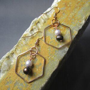 Pearl Earrings, Black and White Cultured Pearls with Rose Gold